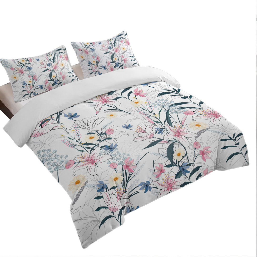 Duvet Cover with Bluish Pinkish Floral Drawing