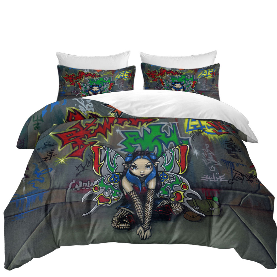 Duvet Cover with Camouflage Urban Fairy in a Graffiti Alley