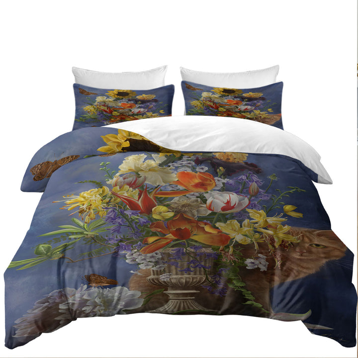 Duvet Cover with Cats Art Colorful Flower Bouquet and Cat