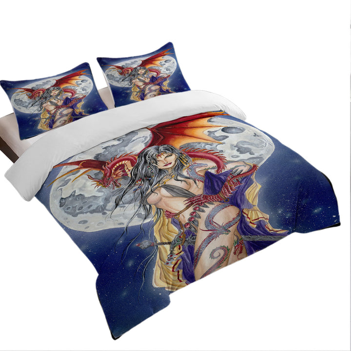 Duvet Cover with Cool Fantasy Art Sexy Warrior Lady and Her Moon Dragon