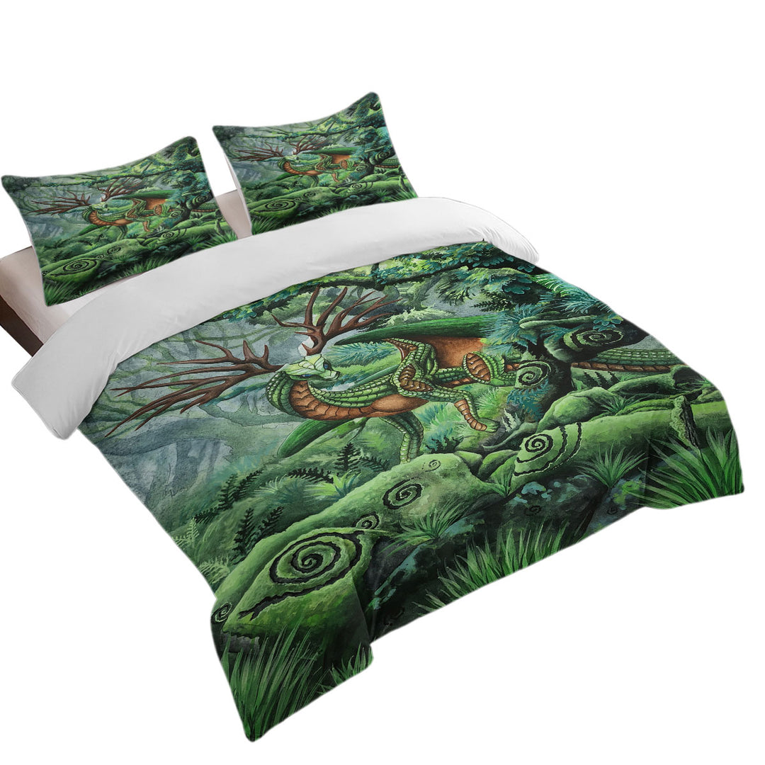 Duvet Cover with Cool Green Hidden Guardian Fantasy Forest Deer Dragon