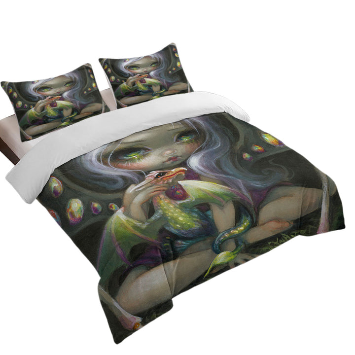 Duvet Cover with Cute Fantasy Art Fire Opal Fairy and Dragonling