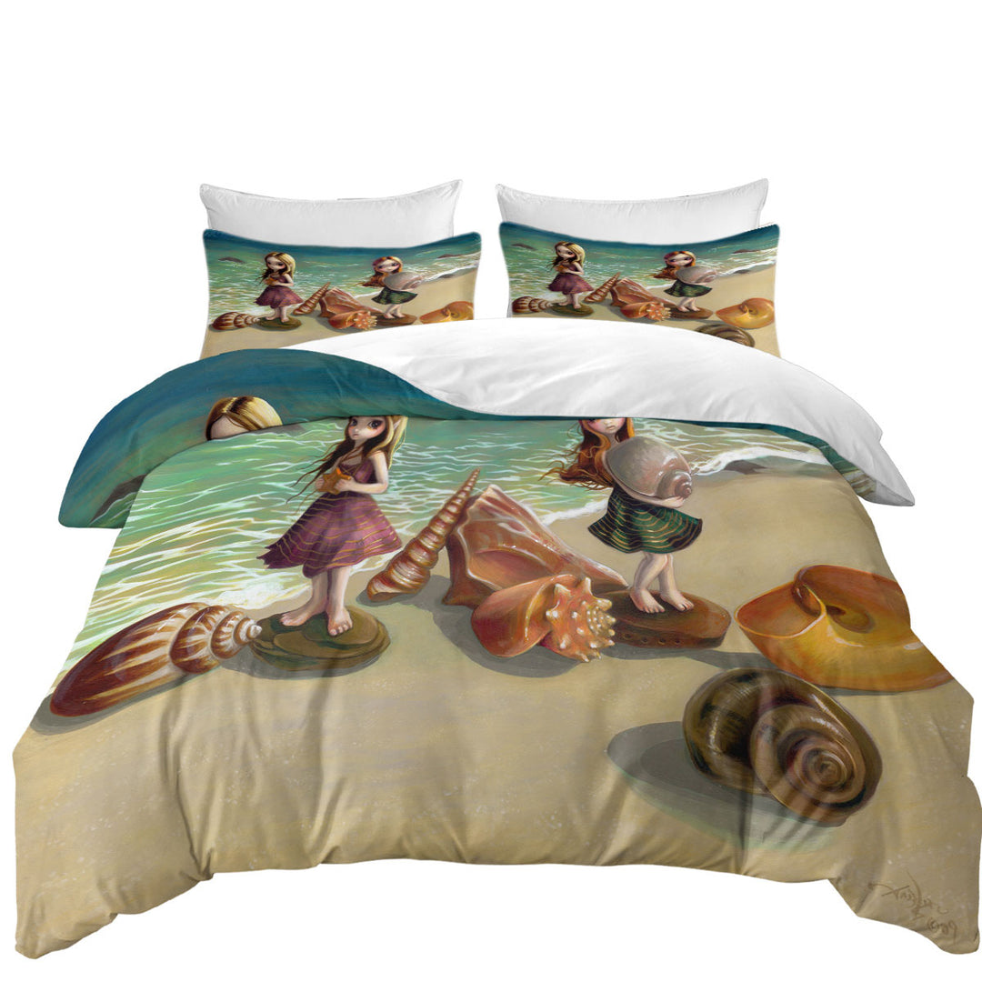 Duvet Cover with Cute Fantasy Girls Collecting Shells By the Seaside