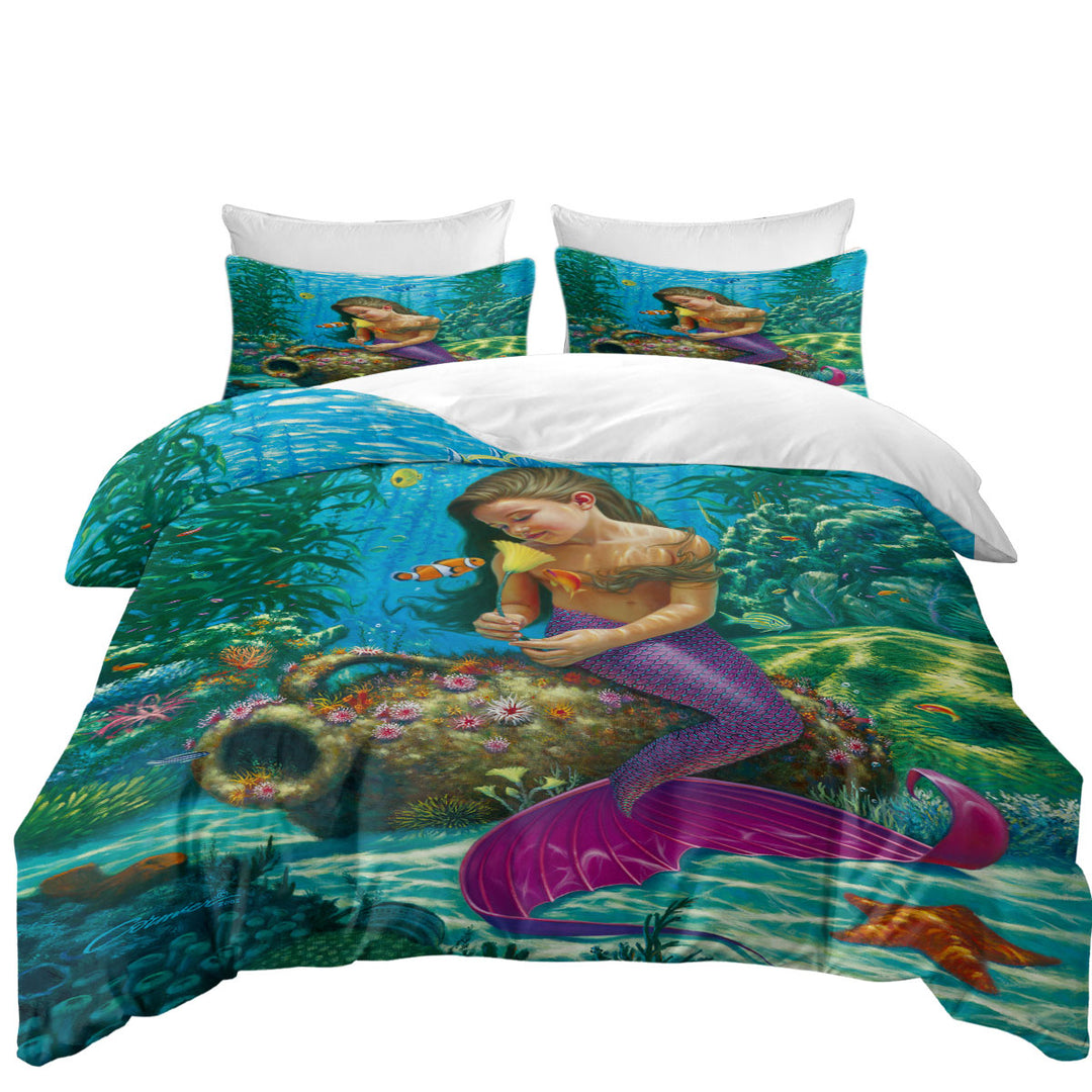 Duvet Cover with Cute Underwater Fish and Mermaid Girl