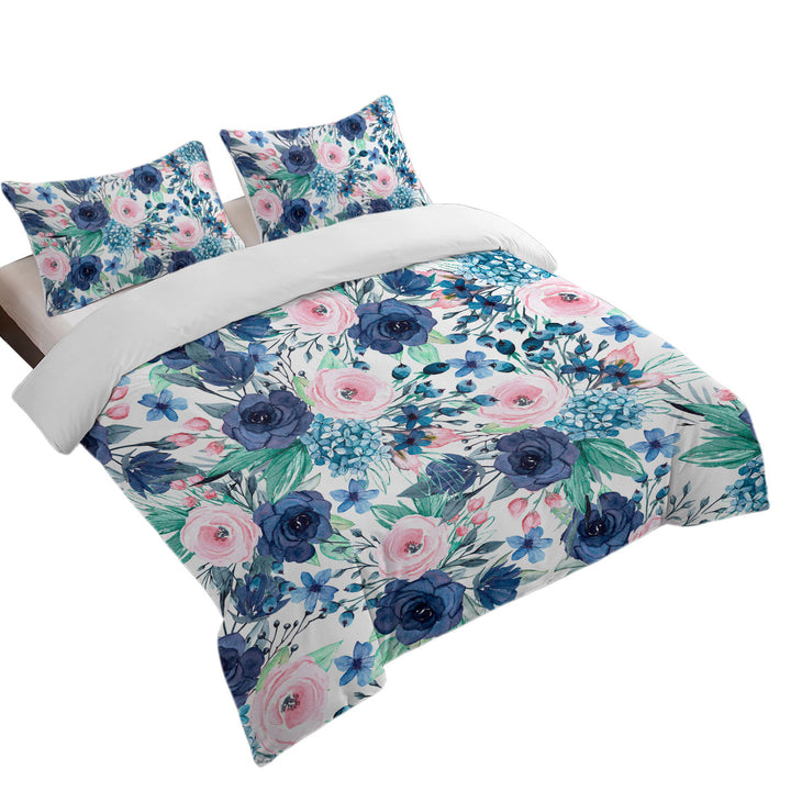 Duvet Cover with Dark Blue and Pink Floral