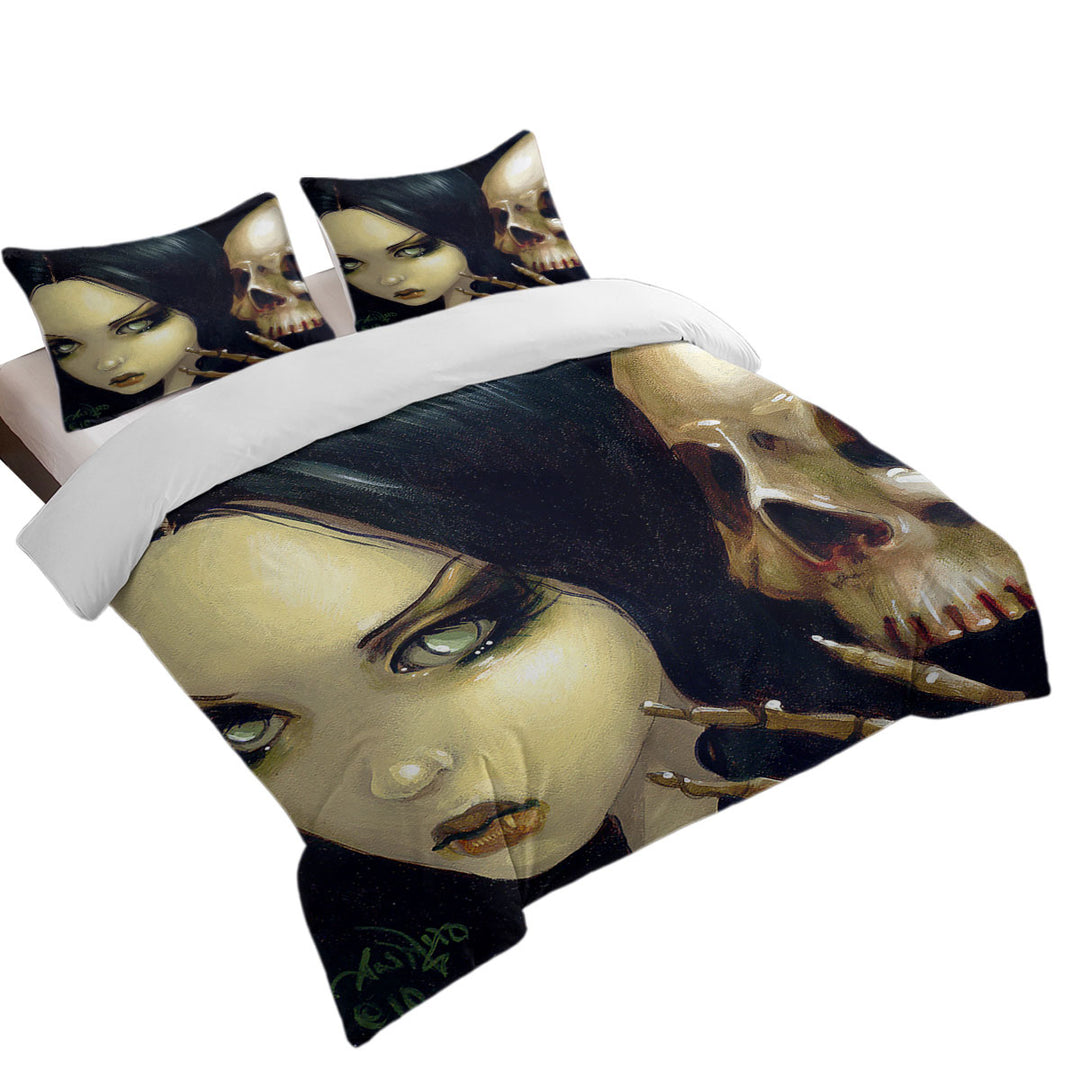 Duvet Cover with Faces of Faery _103 Gothic Girl and Scary Skull