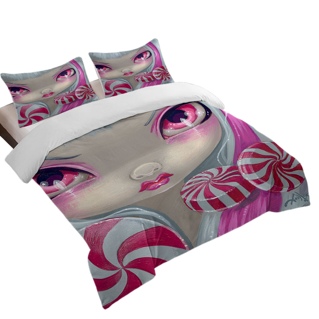 Duvet Cover with Faces of Faery _44 Pink Girl with Peppermint Candy