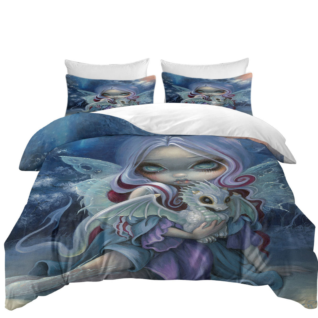 Duvet Cover with Fantasy Art Gorgeous Fairy and Wintry Dragonling