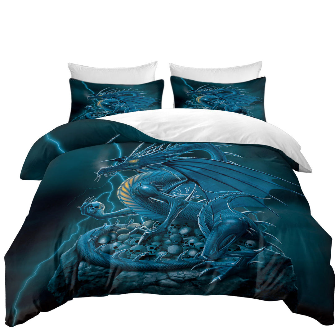 Duvet Cover with Fantasy Art Scary Human Skulls Blue Dragon