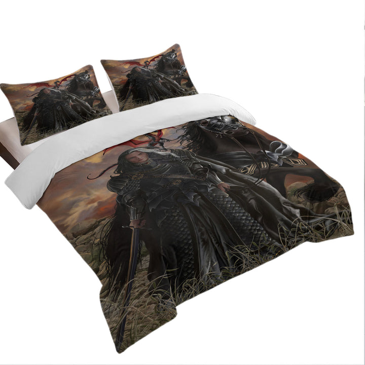 Duvet Cover with Fantasy Art the Black Knight with His Horse and Dragon