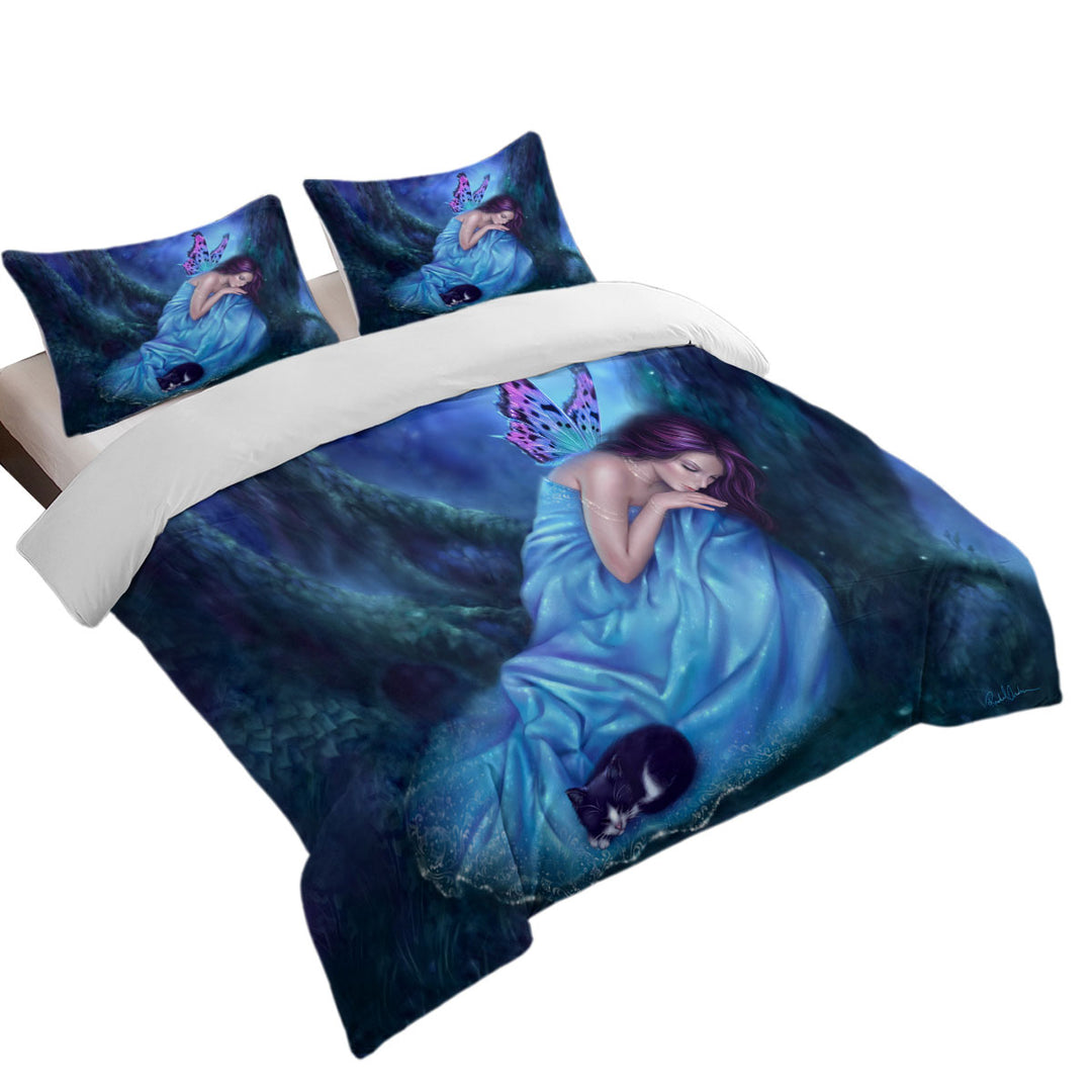 Duvet Cover with Fantasy Artwork Serenity Sleeping Cat and Butterfly Girl