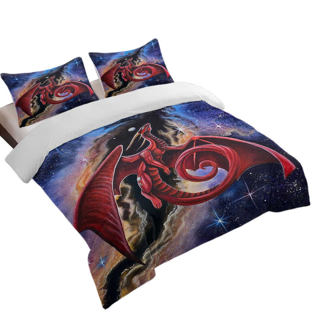 Duvet Cover with Fantasy Space Red Dragon Art Watcher at the Divine