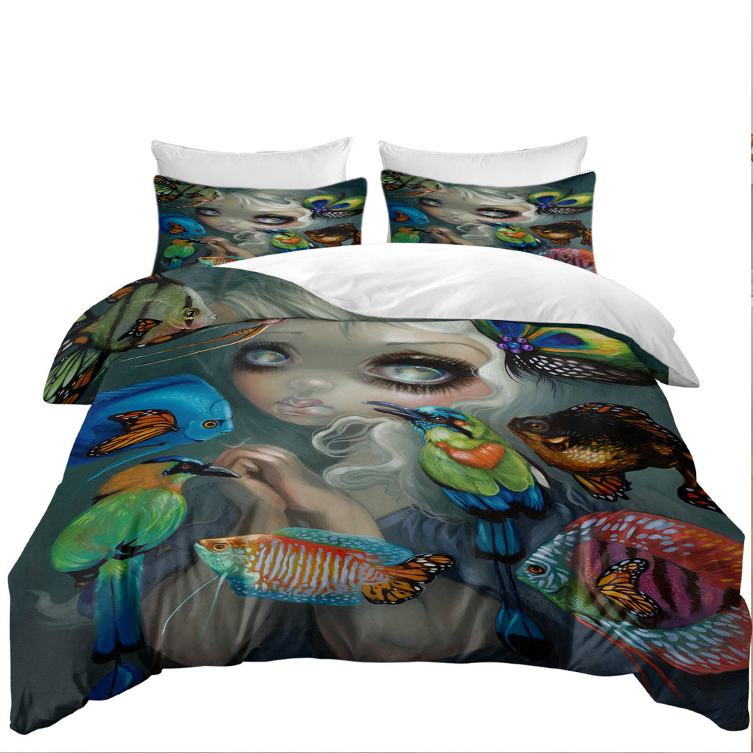 Duvet Cover with Fine Art Flying Fish Beautiful Girl and Birds