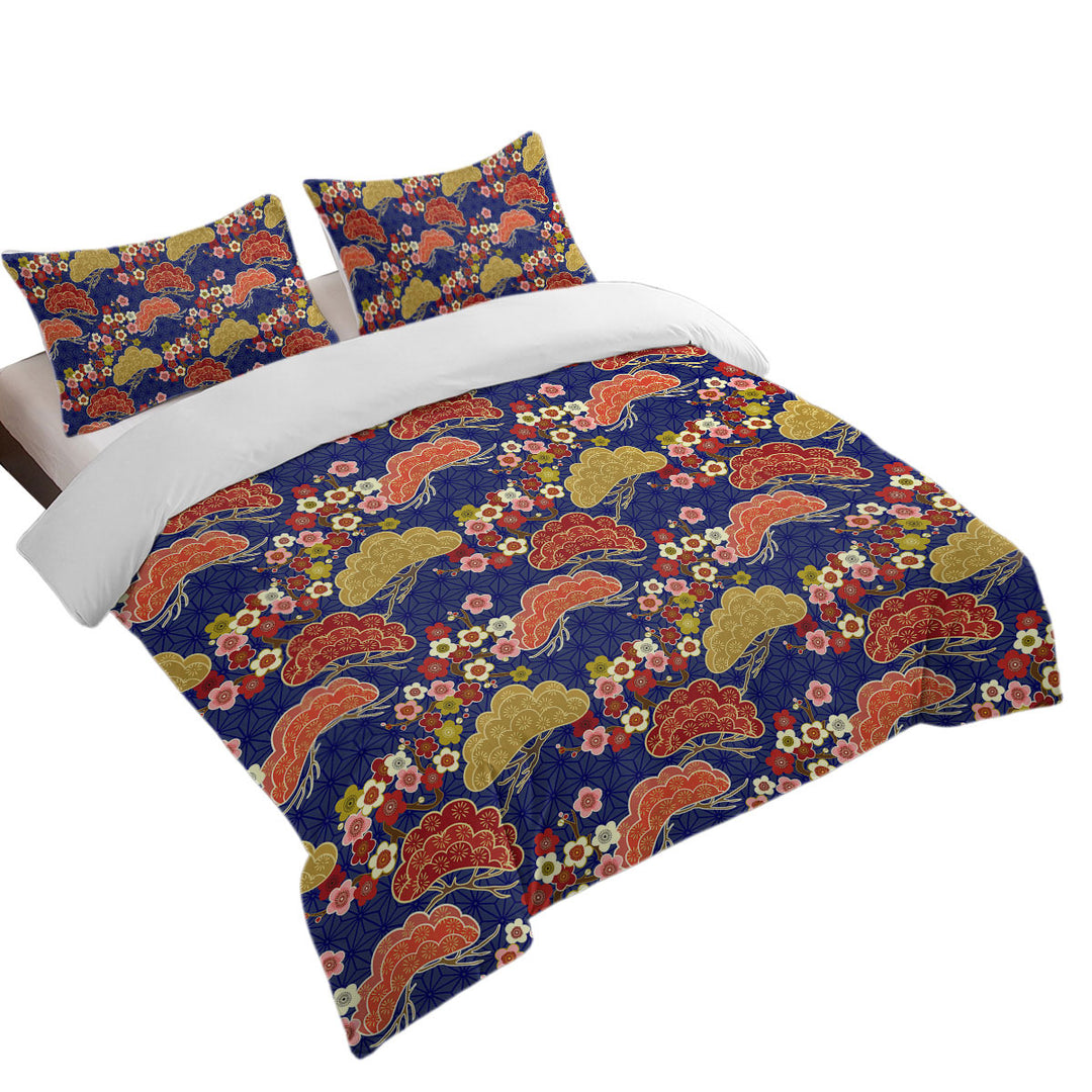 Duvet Cover with Flowers and Trees Asian Japanese Design