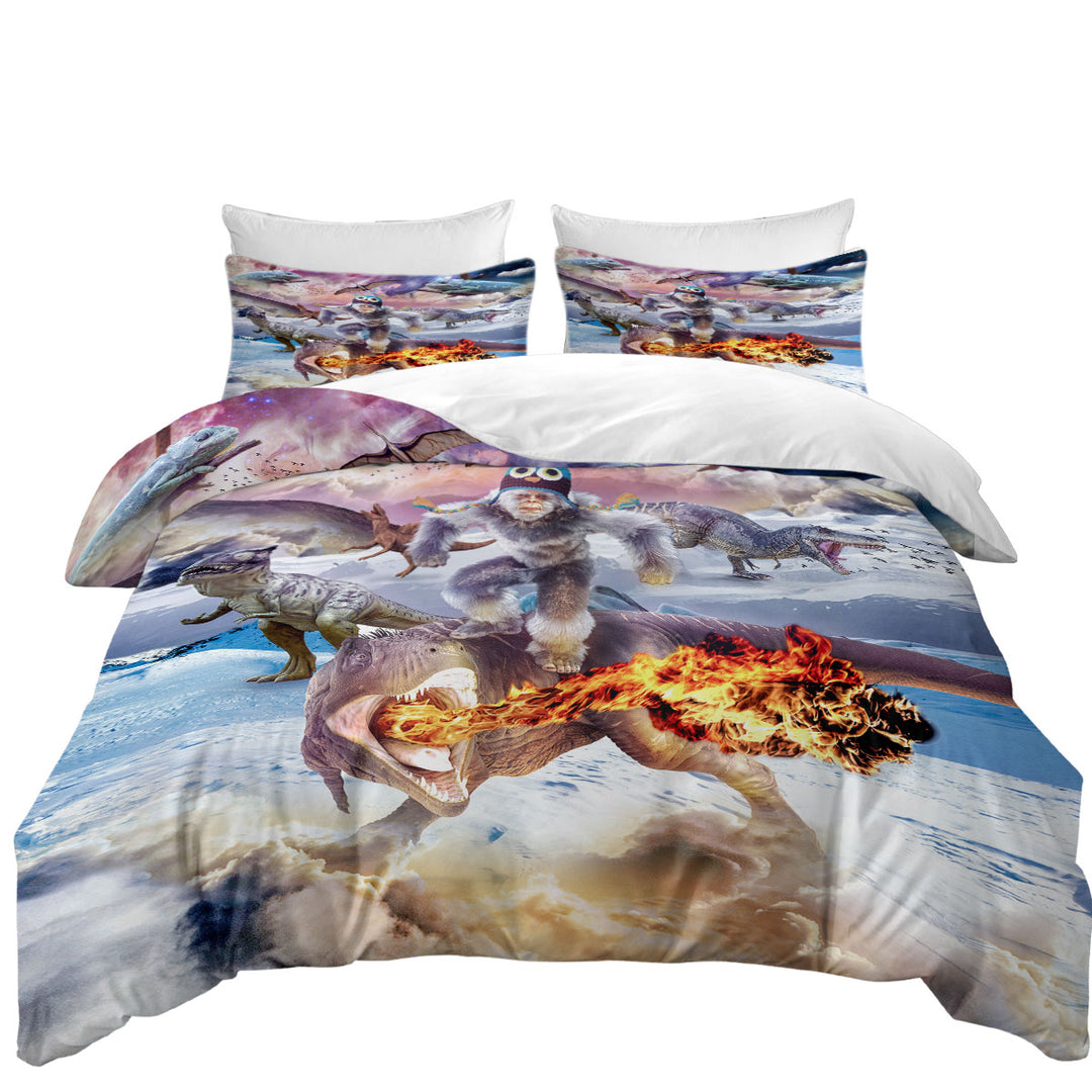 Duvet Cover with Funny Crazy Bigfoot Yeti Sasquatch Riding Dinosaur