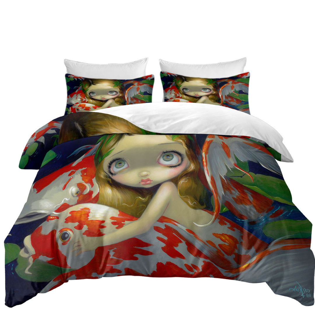 Duvet Cover with Girl Mermaid Amongst The Koi Fish