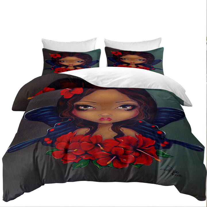 Duvet Cover with Hawaiian Tropical Red Hibiscus Fairy