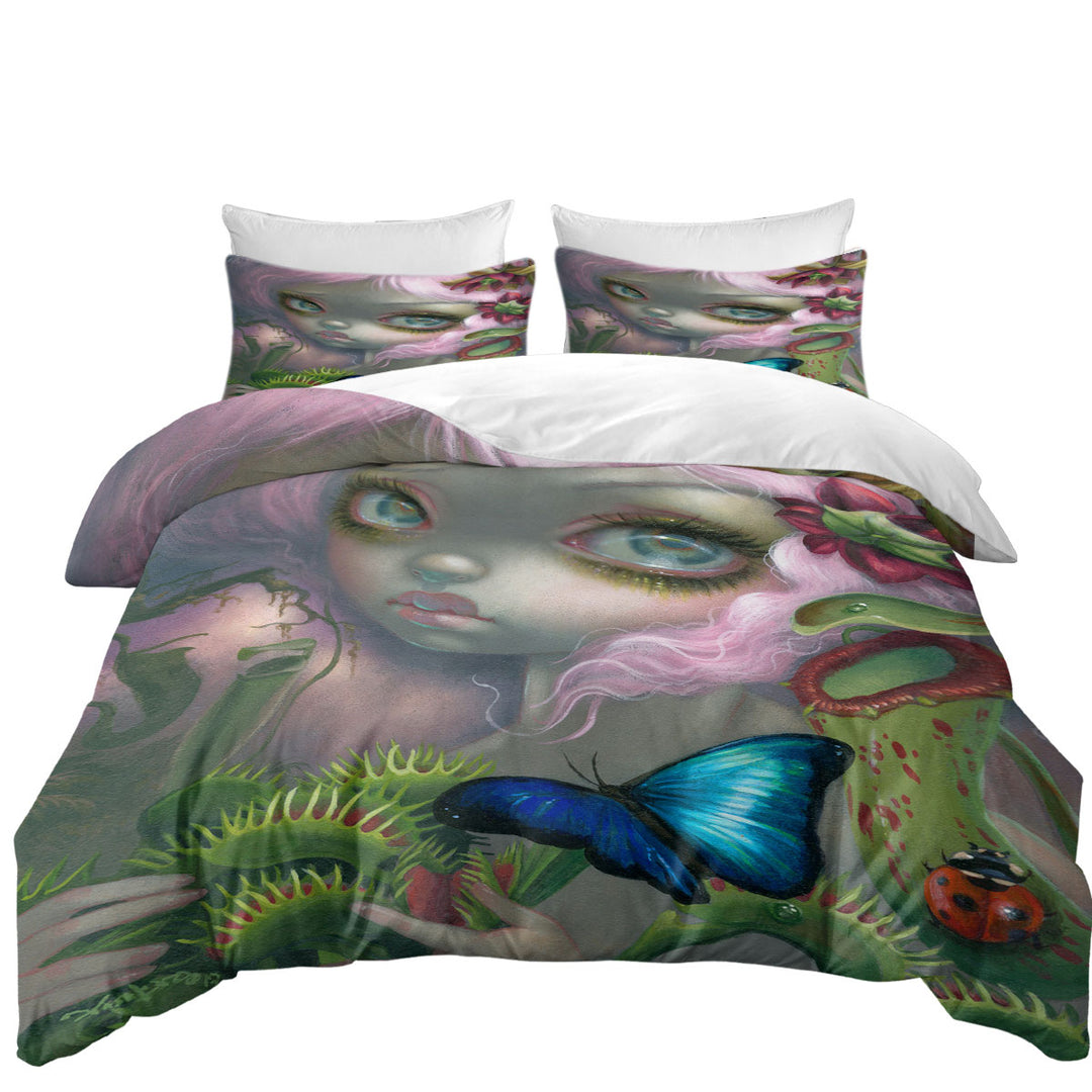 Duvet Cover with Insectarium Beautiful Pink Haired Girl and Plants