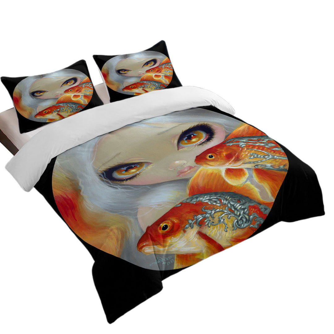 Duvet Cover with Jeweled Fish Silver and Gold Mermaid Art