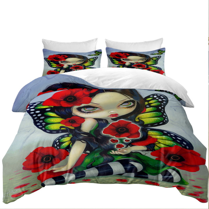 Duvet Cover with Lovely Big Eyed Butterfly Fairy with Red Poppies