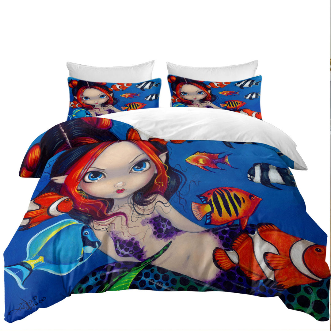 Duvet Cover with Lovely Fantasy Creature Mermaid with Tropical Fish