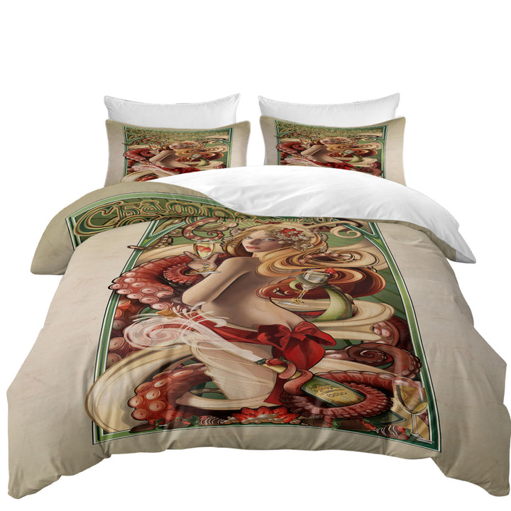 Duvet Cover with Mens Art Champagne Cthulhu and Sexy Woman