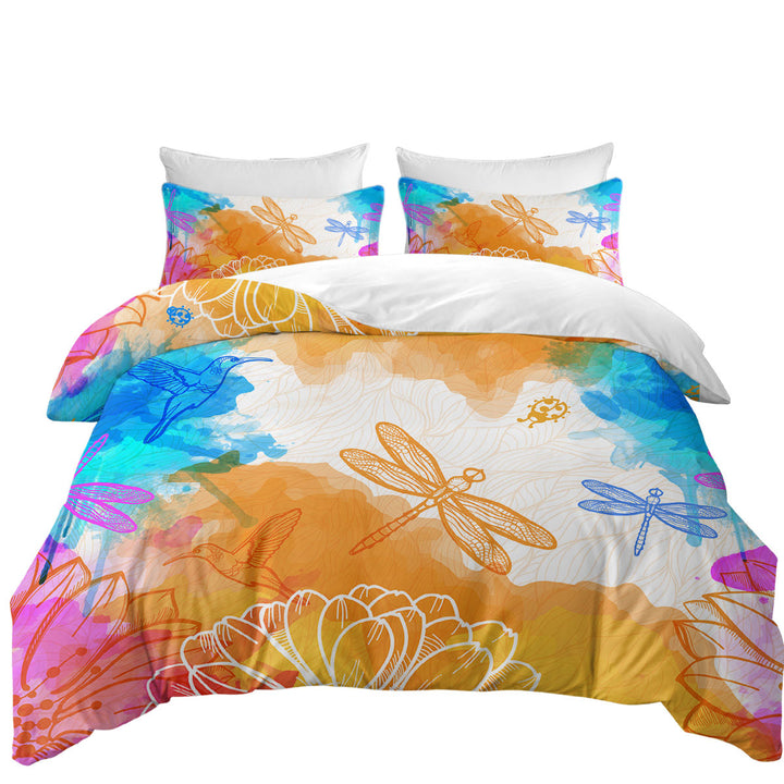 Duvet Cover with Orange Blue Dragonflies and Hummingbirds