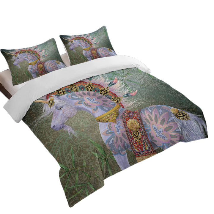 Duvet Cover with Oriental Native White Unicorn