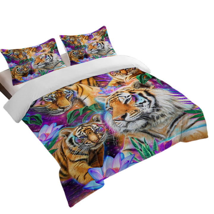 Duvet Cover with Painted Tropical Flowers and Day Dream Tigers