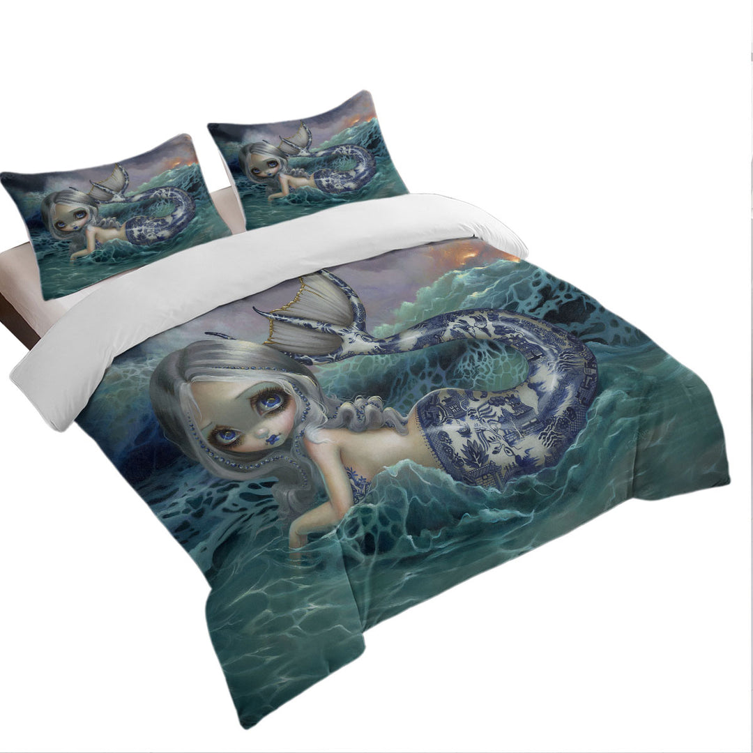 Duvet Cover with Porcelina the Blue Willow Porcelain Tailed Mermaid