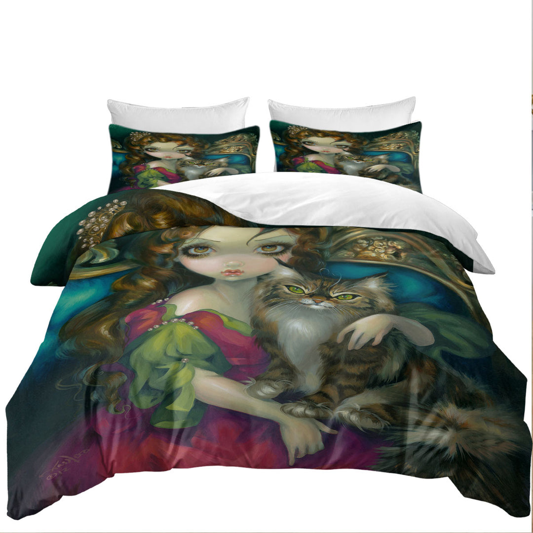 Duvet Cover with Rococo Portrait Princess With a Maine Coon Cat