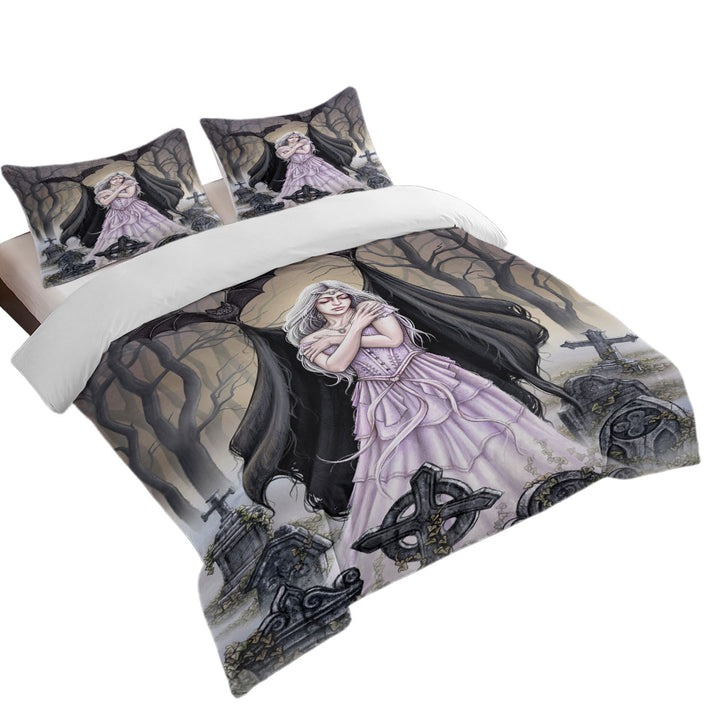 Duvet Cover with Scary Art Graveyard Bats Night Embrace for Lonely Woman