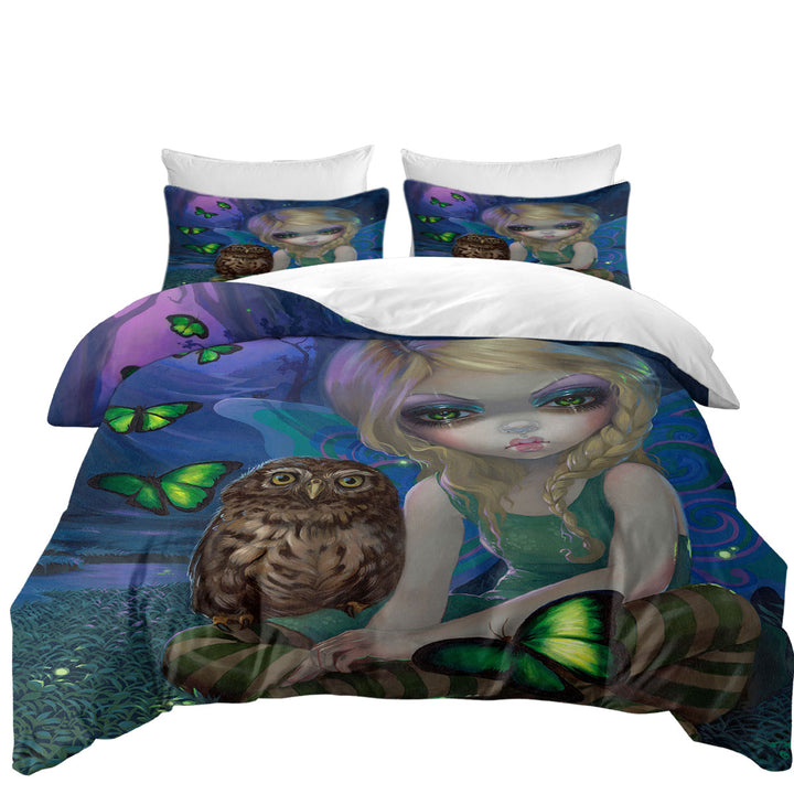 Duvet Cover with Summer Fairy with Her Owl and Butterflies