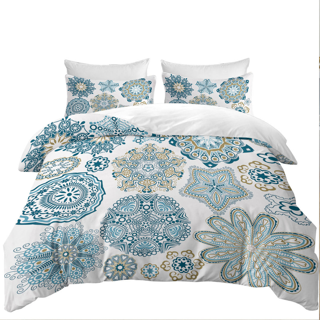 Duvet Cover with Teal Blue and Turquoise Mandalas