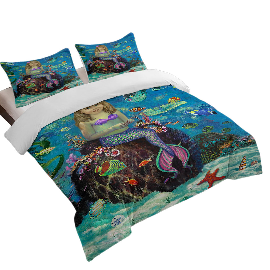 Duvet Cover with Underwater Art Fish and Girl Mermaid on Urn