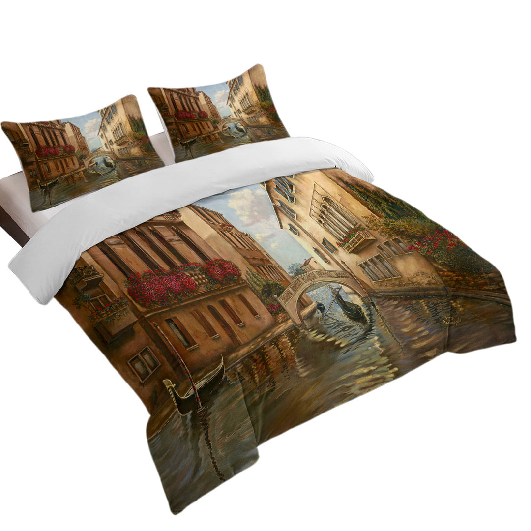 Duvet Cover with Venetian City Canal and Gondola Art Painting