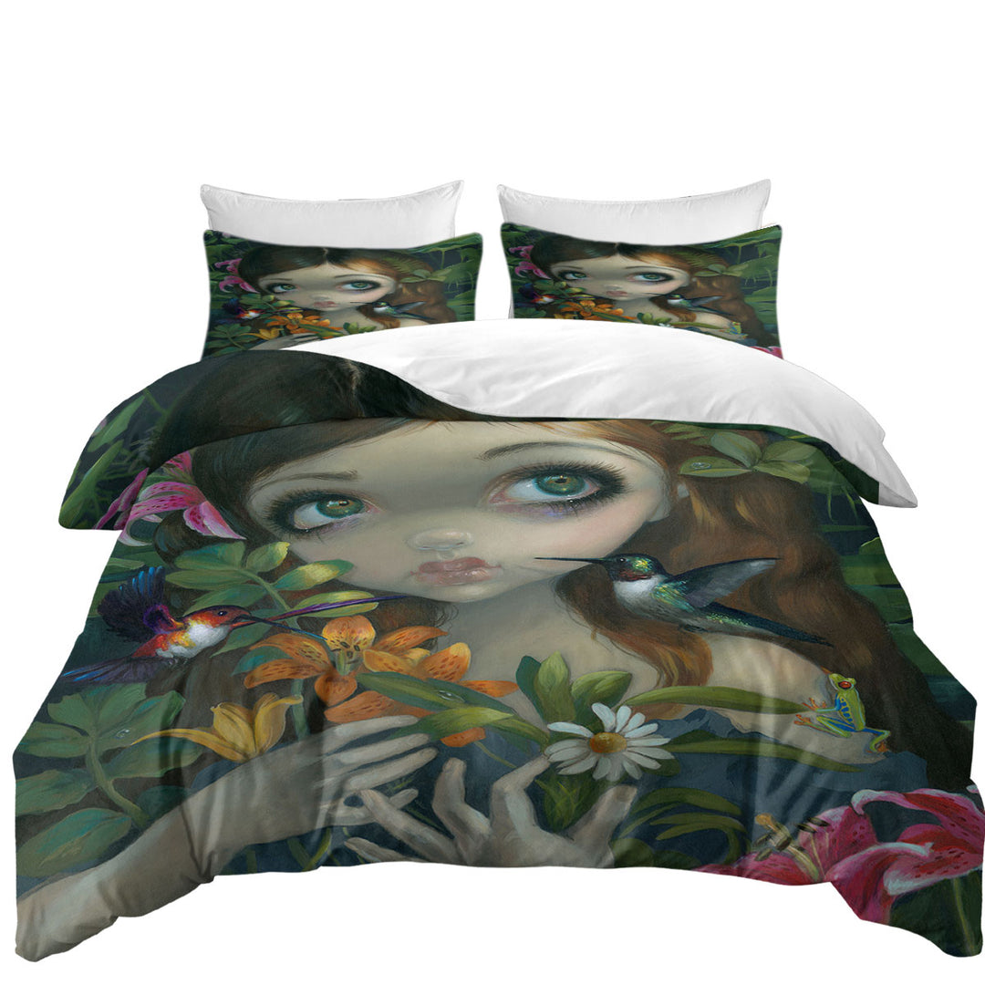 Duvet Cover with Wildwood Bouquet Flowers Art Girl with Hummingbirds