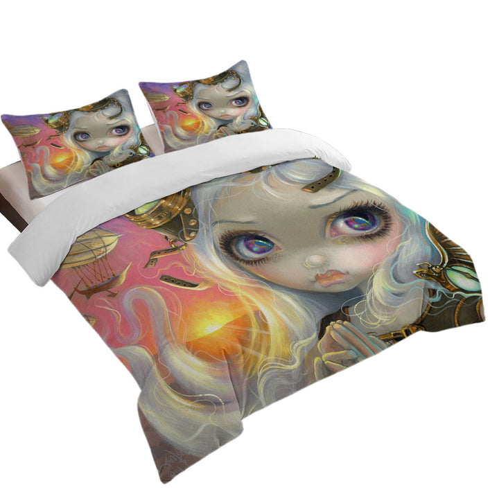 Duvet Cover with Windswept Lovely Steampunk Beautiful Girl at Sunset