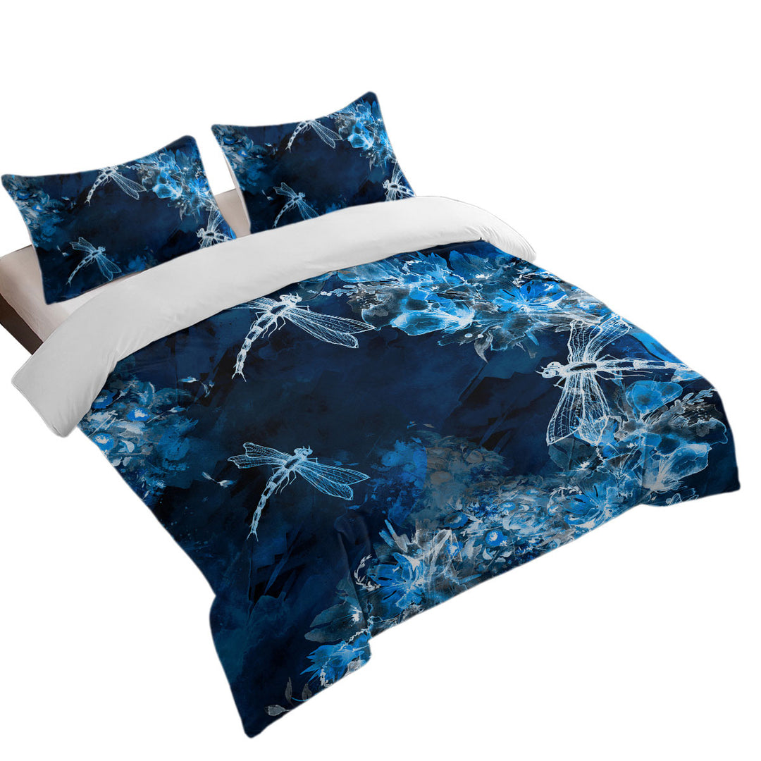 Duvet Cover with X ray Blue Flowers and Dragonflies