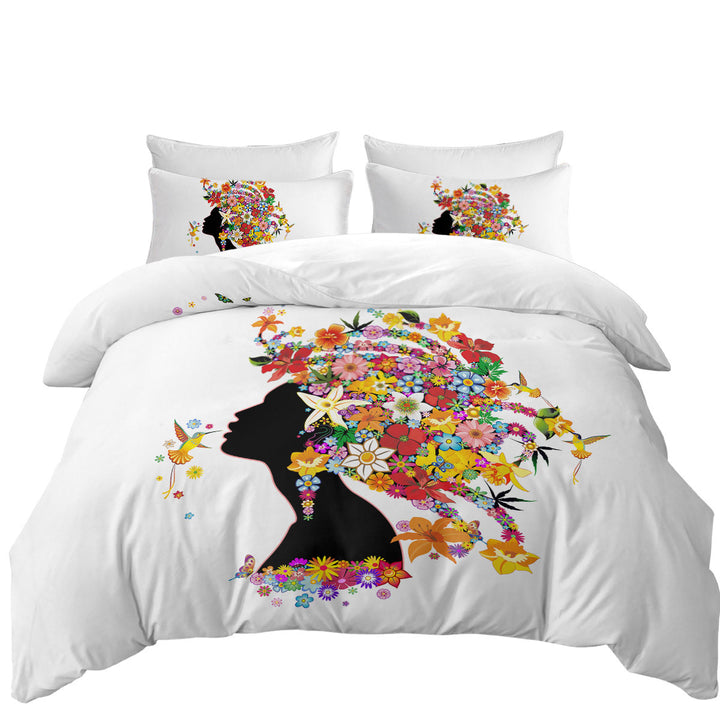 Duvet Covers King with Colorful Tropical Flower Girl and Hummingbirds