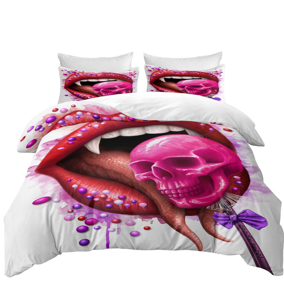 Duvet Covers King with Cool Art Deadly Sweet Lips and Lollipop Skull