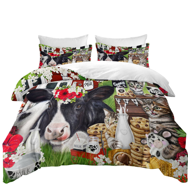 Duvet Covers King with Cute and Funny Cookies Milk Cow and Kitties