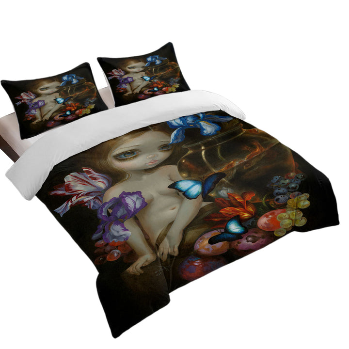 Duvet Covers King with Fine Art Girl with Fruits Butterflies and Fish