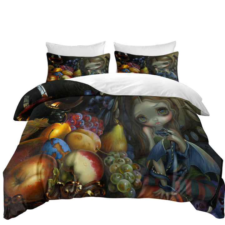 Duvet Covers King with Fruit Dragonling Little Fairy and Her Baby Dragon