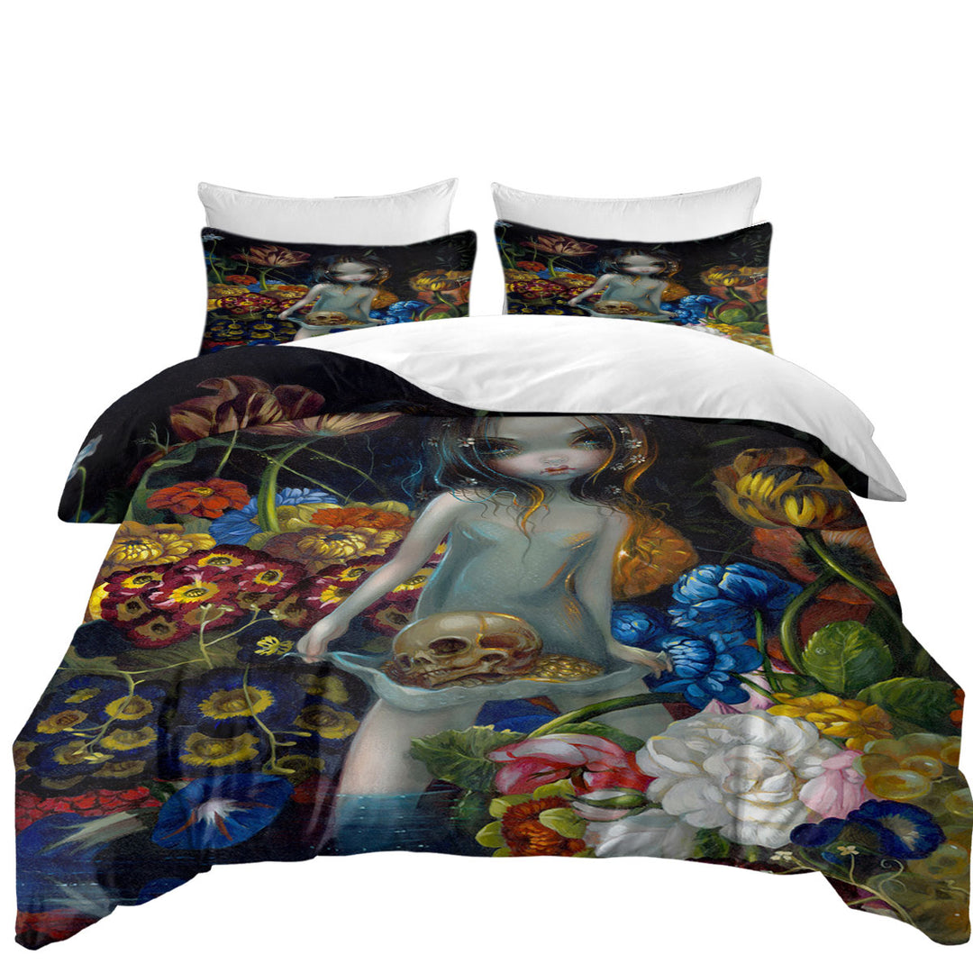 Duvet Covers King with Gothic Art The Offering Forest Nymph Girl with Skull