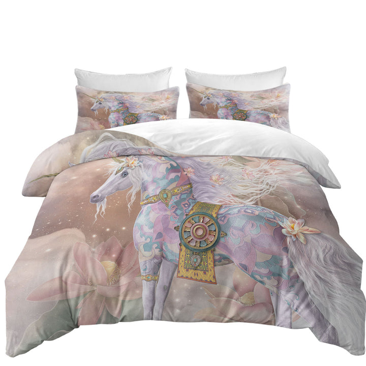 Duvet Covers King with Magical Unicorn Art Pinkish Lotus Blossom