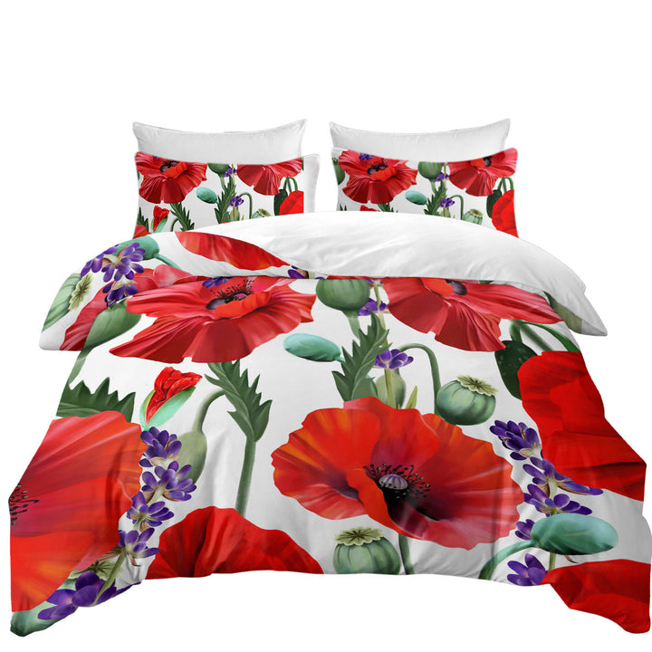 Duvet Covers King with Purple Lavender and Red Poppy Flowers