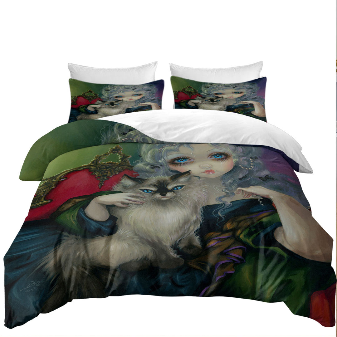 Duvet Covers King with Rococo Style Portrait Princess with a Ragdoll Cat