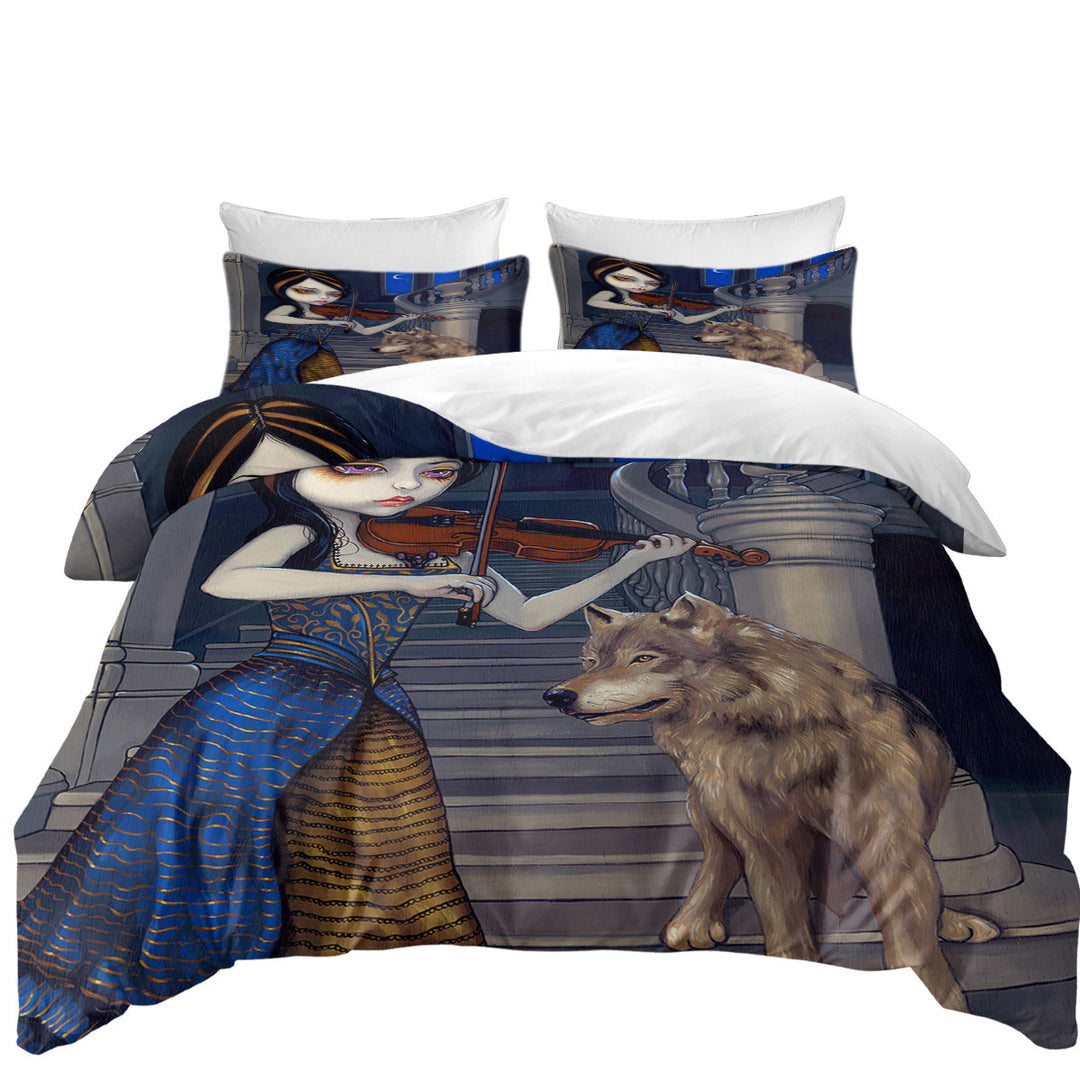 Duvet Covers King with Wolf Song Gothic Beautiful Girl Playing a Violin