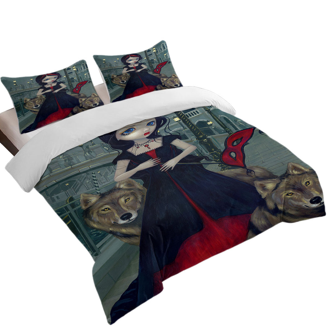 Duvet Covers King with Wolves of Venice Gothic Maiden and Her Wolves